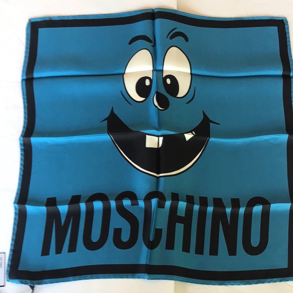 Moschino Silk Scarf Pumpkin Face Italy Blue 20x20 - Picture 2 of 10